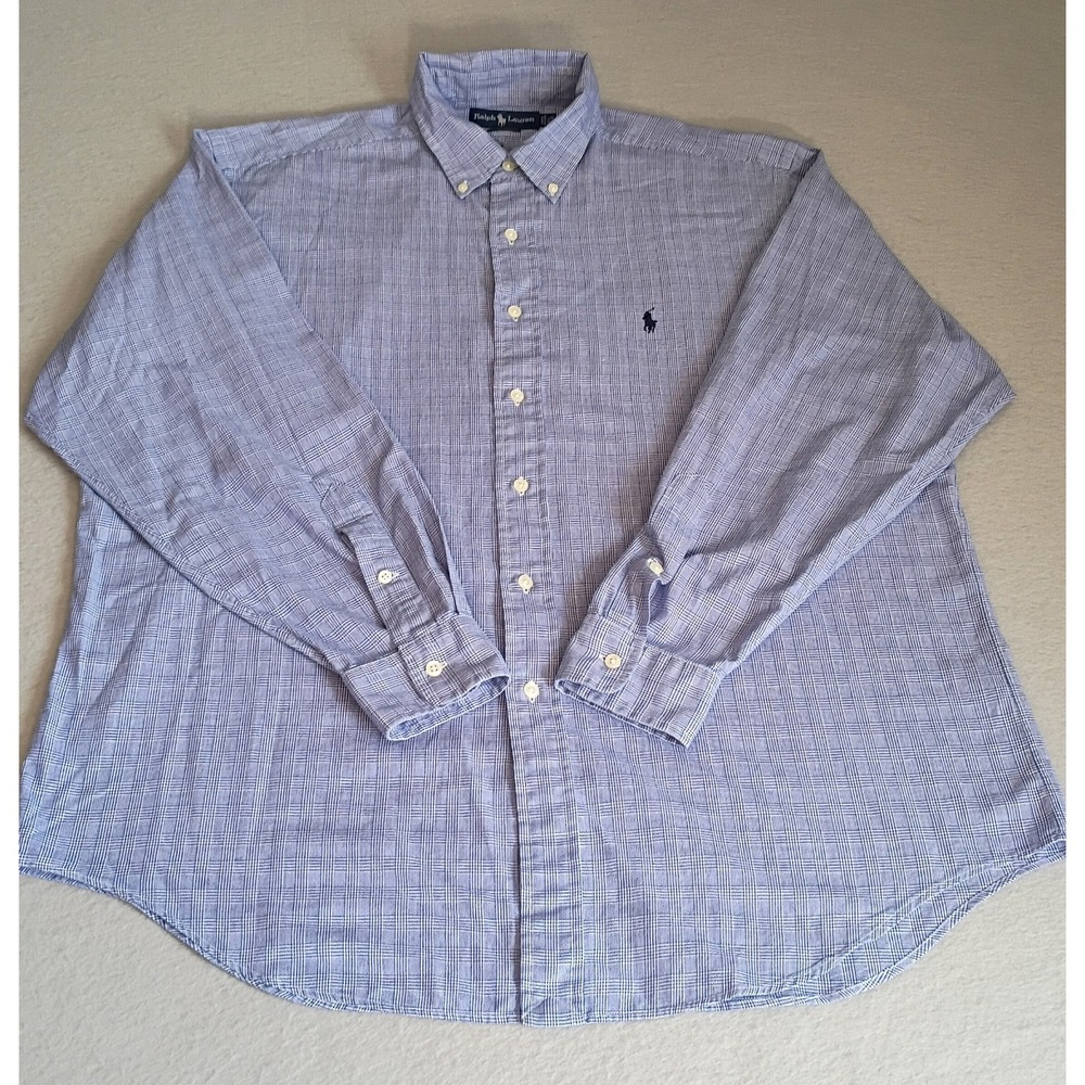 Ralph Lauren Yarmouth Shirt Men 16 1/2 34/35 Blue Houndstooth Plaid Button Down